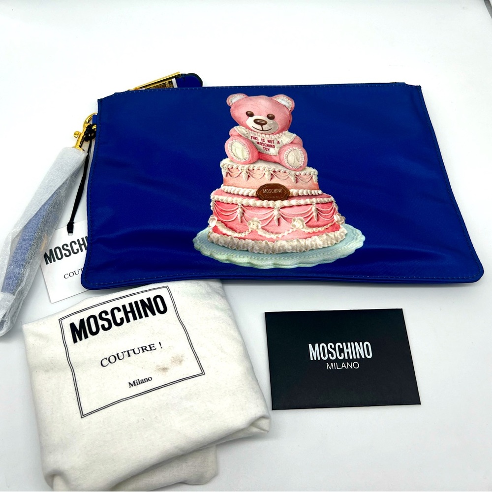 NWT MOSCHINO Teddy Bear Royal Blue Leather Trimmed Printed Satin Twill Pouch